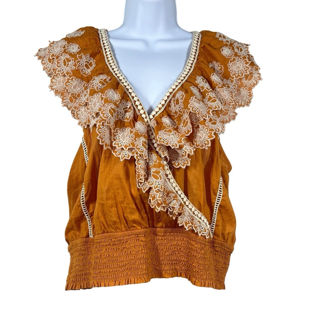Anthropologie Embroidered Lace Blouson Top Womens L Ruffle Sleeve‎ Open-Tie Back